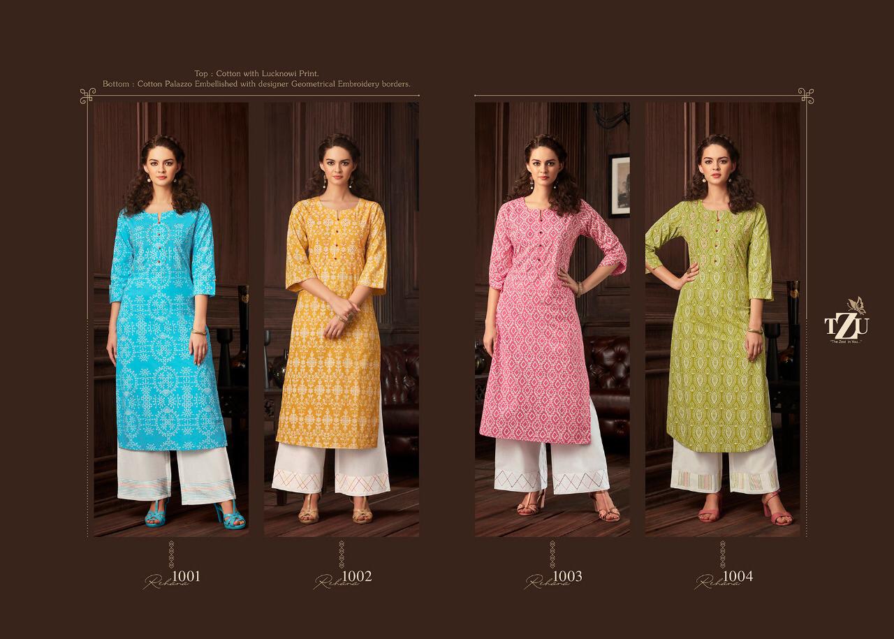TZU REHANA Latest Casual Wear Lucknowi Print With Embroidery Work Pure Cotton Kurti With Palazzo Collection 